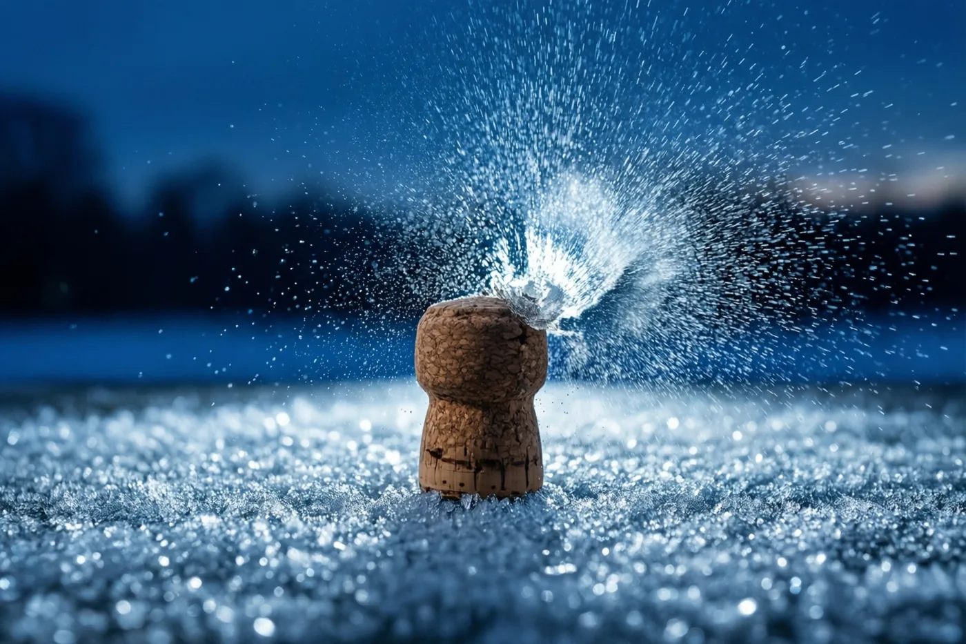Een champagnekurk springt weg terwijl vloeistof in druppels uiteen spat tegen een blauwe achtergrond.