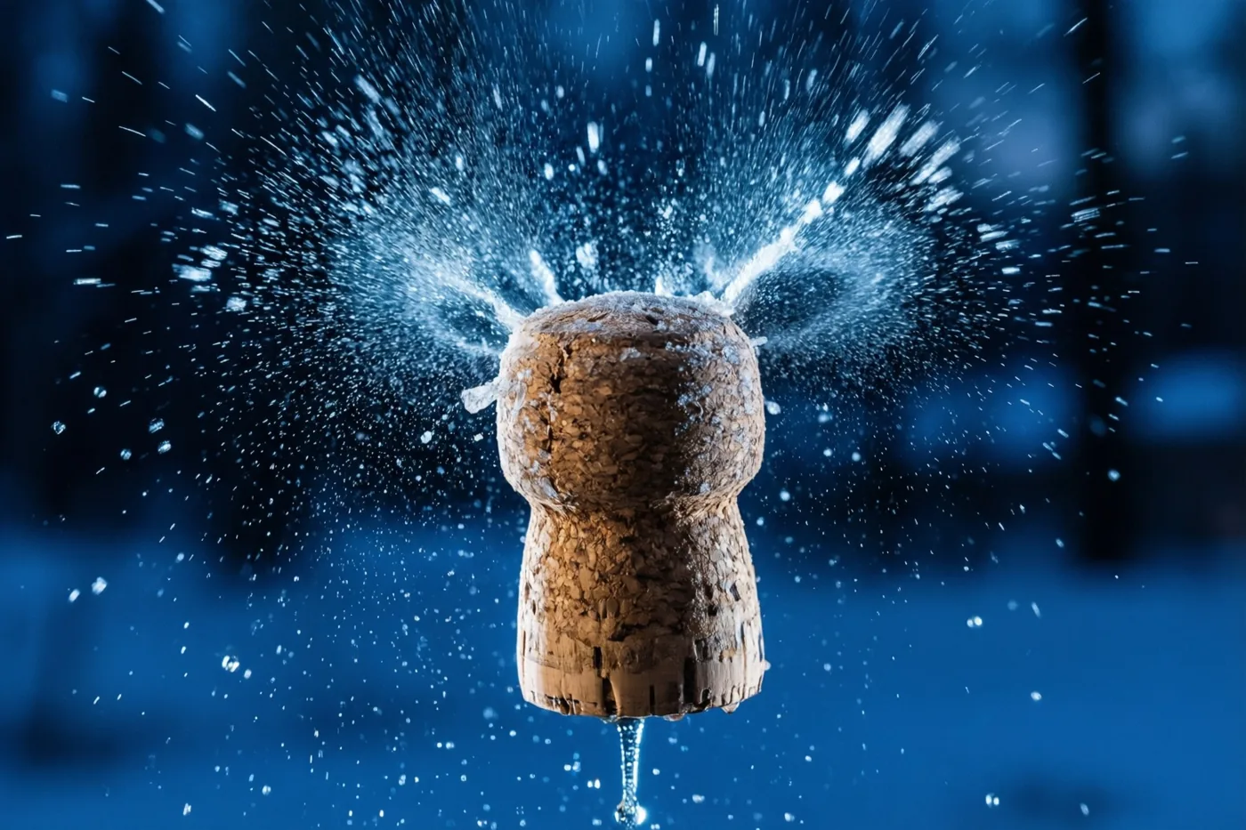 Een champagnekurk springt los met een wolk vloeistofdruppels die scherp in beeld hangt tegen een donkerblauwe achtergrond.