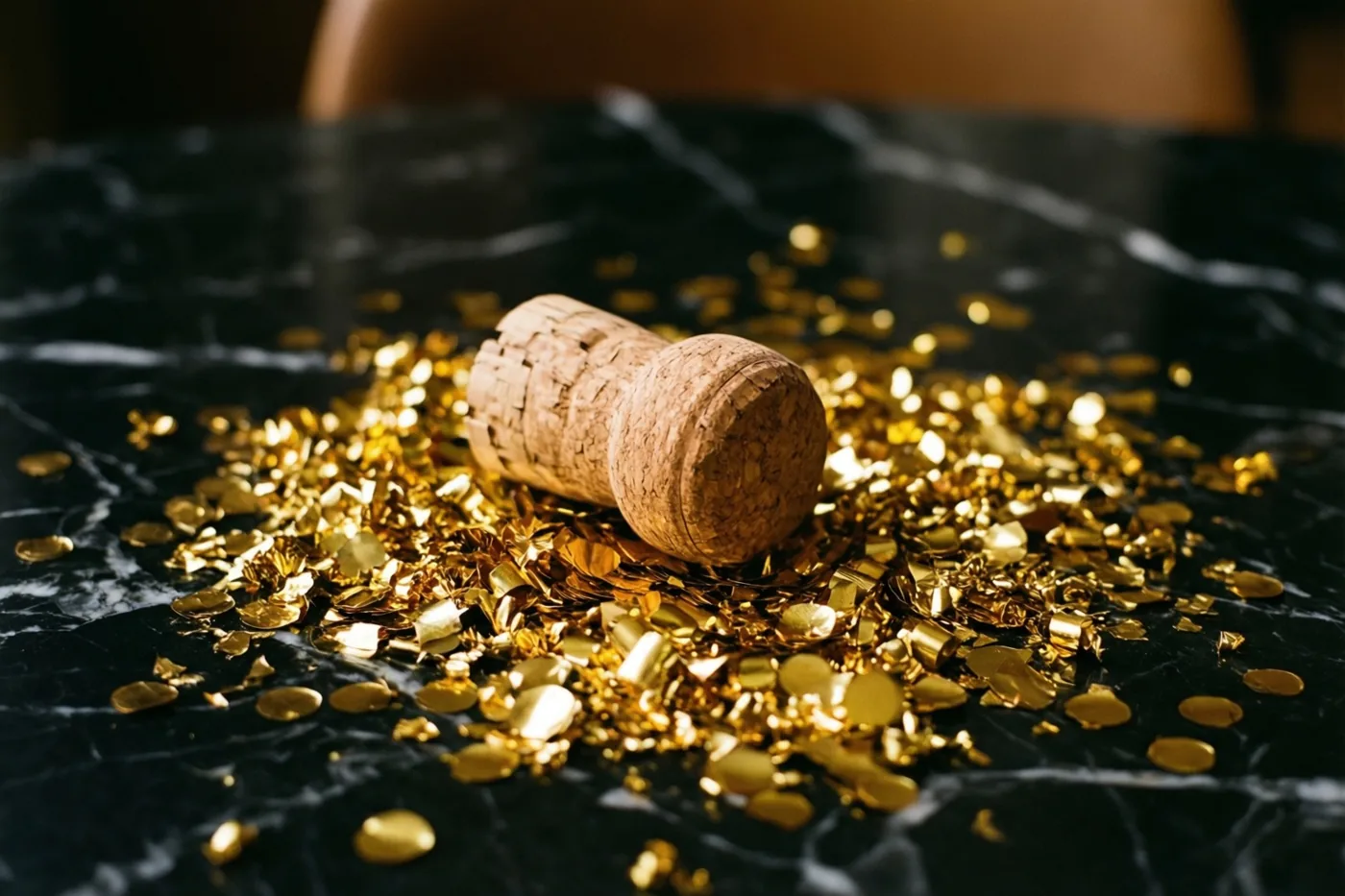 Een champagnekurk ligt tussen gouden confetti op een gepolijst zwart marmeren oppervlak.