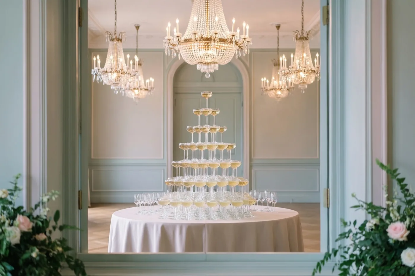 Door een open deuropening is een glanzende champagnetoren te zien op een ronde tafel in een balzaal met kristallen kroonluchters, pastelkleurige muren en bloemstukken.
