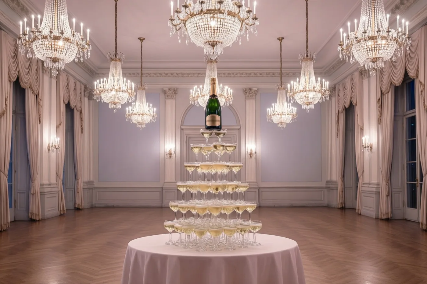 Een grote champagnetoren staat op een ronde tafel in een warm verlichte balzaal met sierlijke kroonluchters.