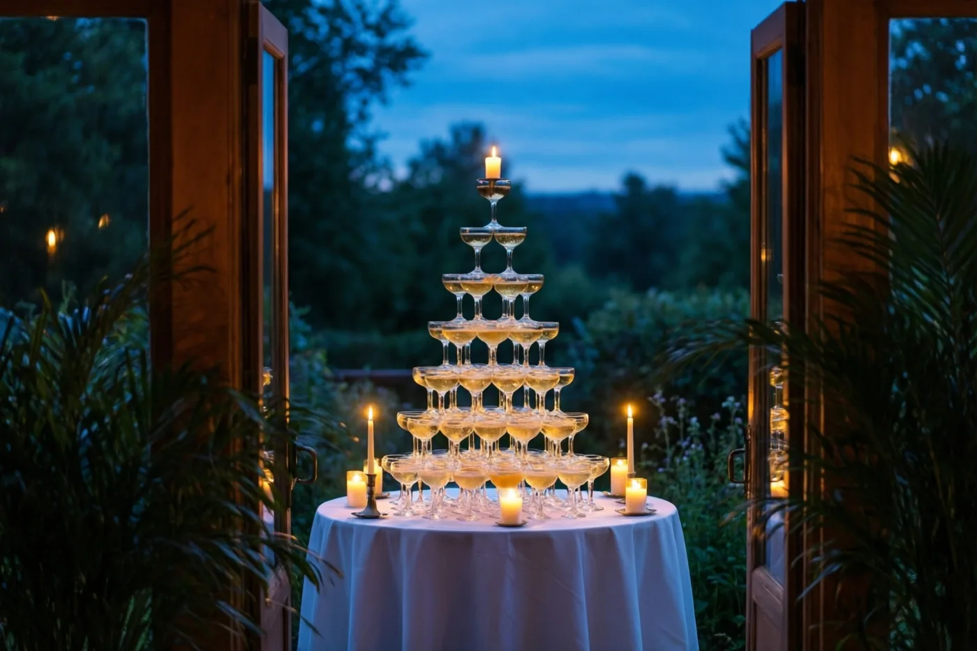 Een hoge piramide van champagneflûtes met bruisende drank staat op een wit tafellaken tussen kaarsen, buiten in de schemering en omlijst door open houten deuren met groen op de achtergrond.