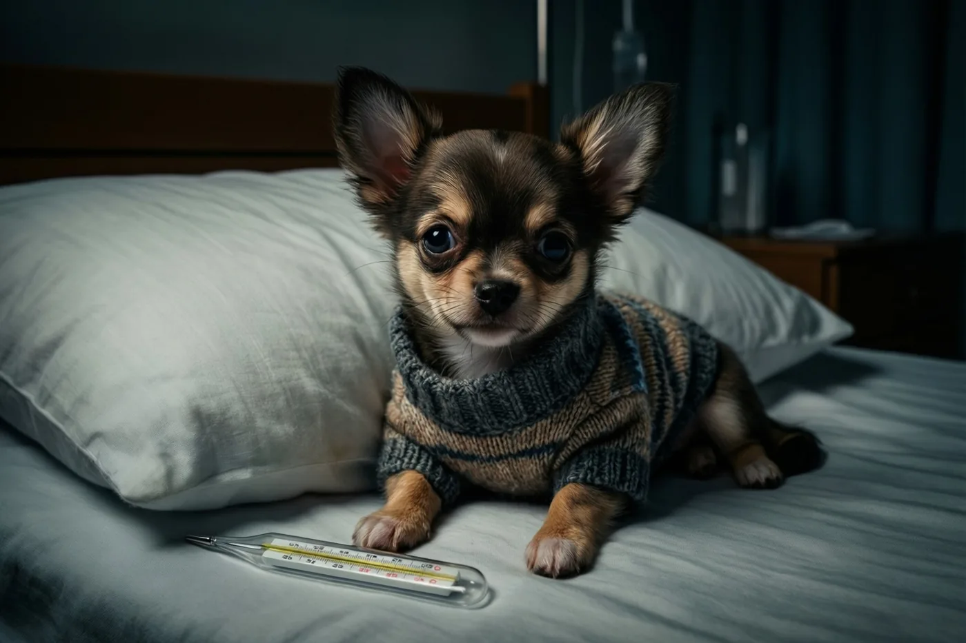 Een kleine chihuahuapuppy in een gebreide trui ligt op een bed naast een thermometer, in een schemerige kamer met gedempte blauwe en grijze tinten.