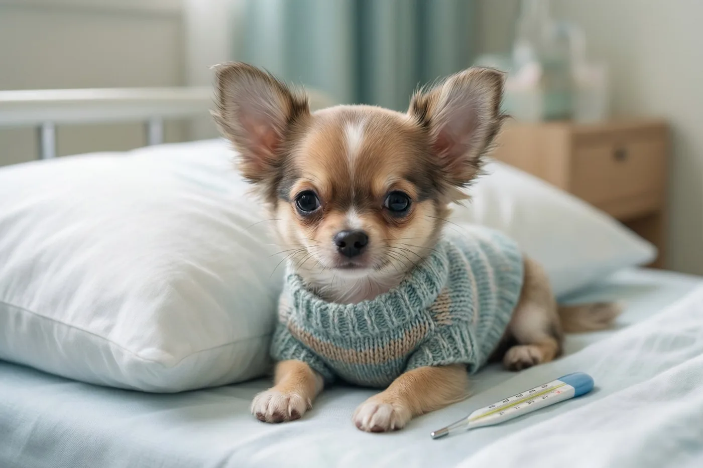 Een kleine chihuahuapuppy met een gebreide trui ligt op een bed naast een thermometer, in een zacht verlichte slaapkamer met lichtblauwe en witte tinten.