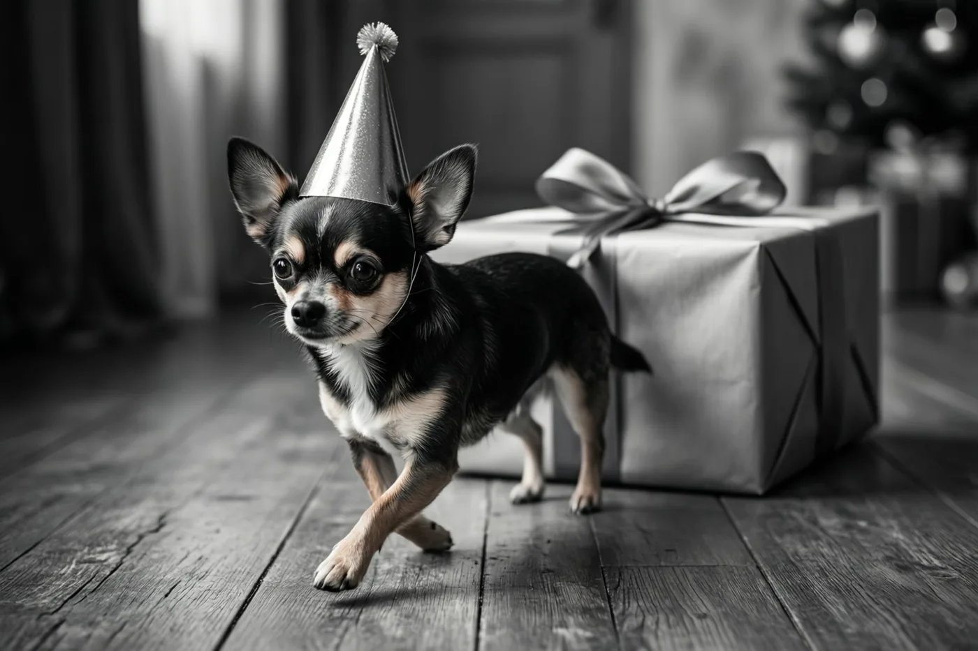 Een kleine chihuahua met een feesthoedje staat op een houten vloer naast een grote ingepakte geschenkdoos op een zwart-witfoto.