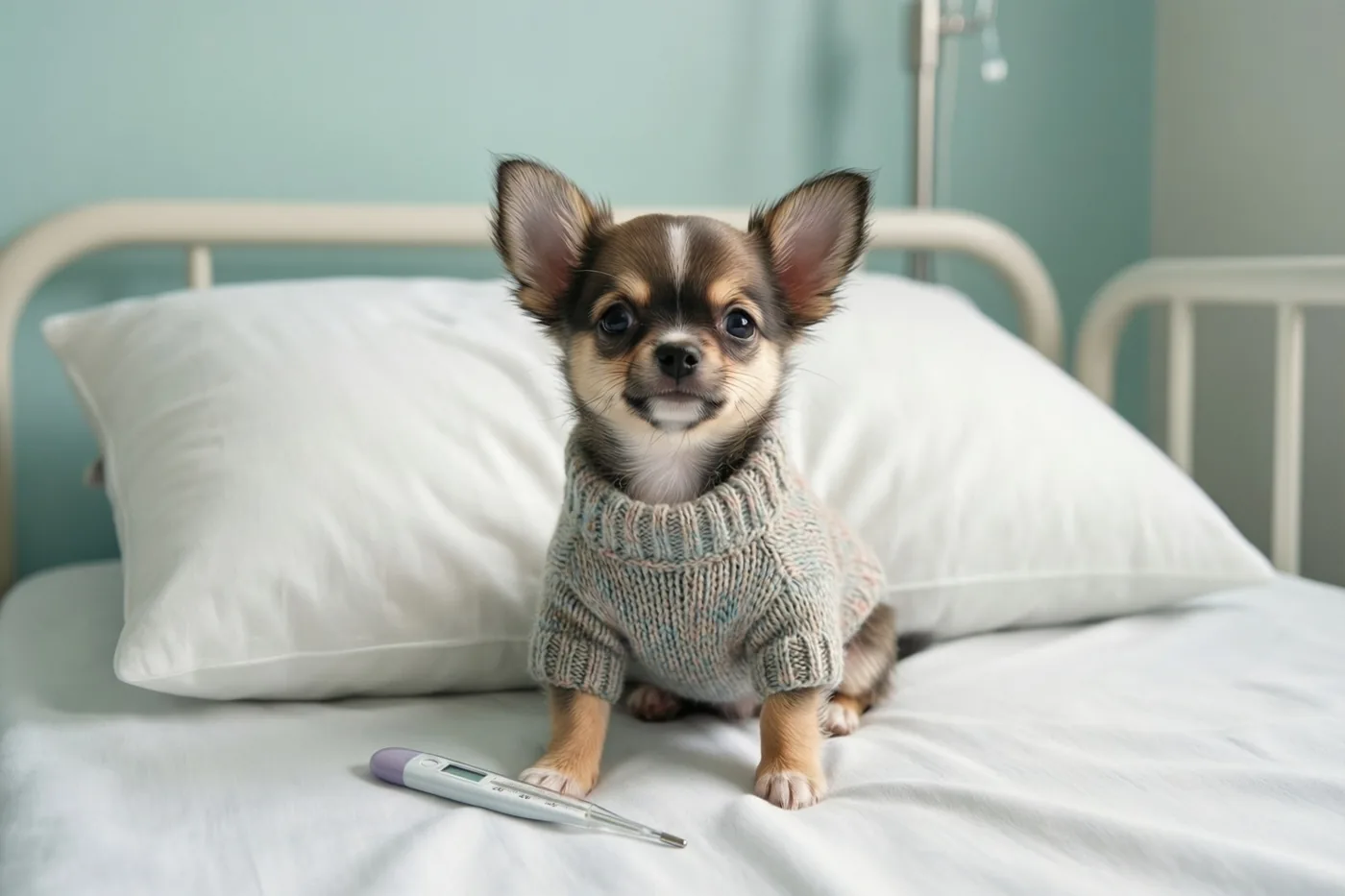 Een kleine chihuahuapuppy met een gebreide trui zit op een wit kussen op een ziekenhuisbed naast een digitale thermometer, in een kamer met lichtblauwe muren.