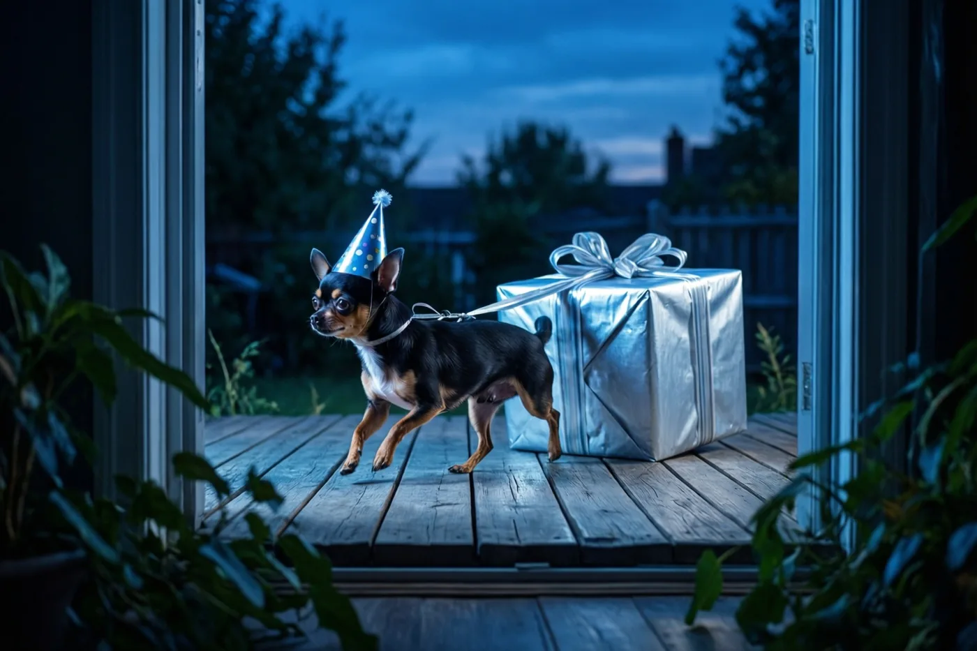 Een kleine chihuahua met een blauw feesthoedje sleept een groot zilverkleurig ingepakt cadeau over een houten terras bij schemering.