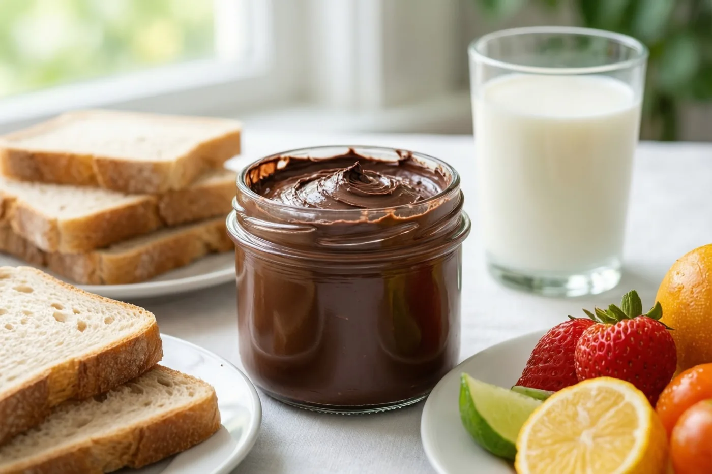 Een pot choco, sneetjes brood en een glas melk staan met vers fruit op een ontbijttafel in helder daglicht van een raam.