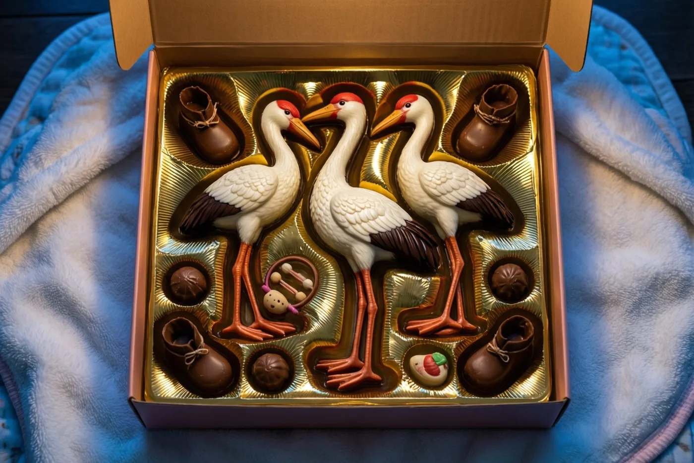 Een open doos met goudfolie en witte en bruine chocolaatjes in de vorm van ooievaars, babyslofjes en rammelaars staat op een blauwe babydeken.