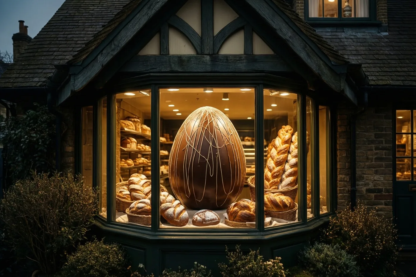 In de warm verlichte erker van een huis met een trapgevel staan een groot chocoladepaasei en verschillende vlechtbroden, met donker metselwerk en dakwerk in de schemering.