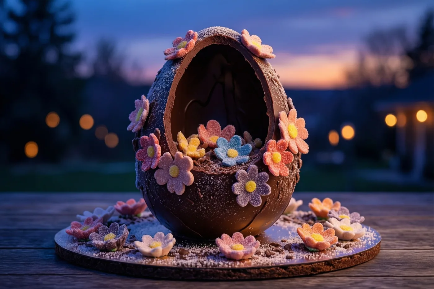 Een reusachtig hol chocolade-ei met kleurrijke suikerbloemen staat op een taartonderlegger tegen een blauw-paarse avondhemel met wazige lichtjes.