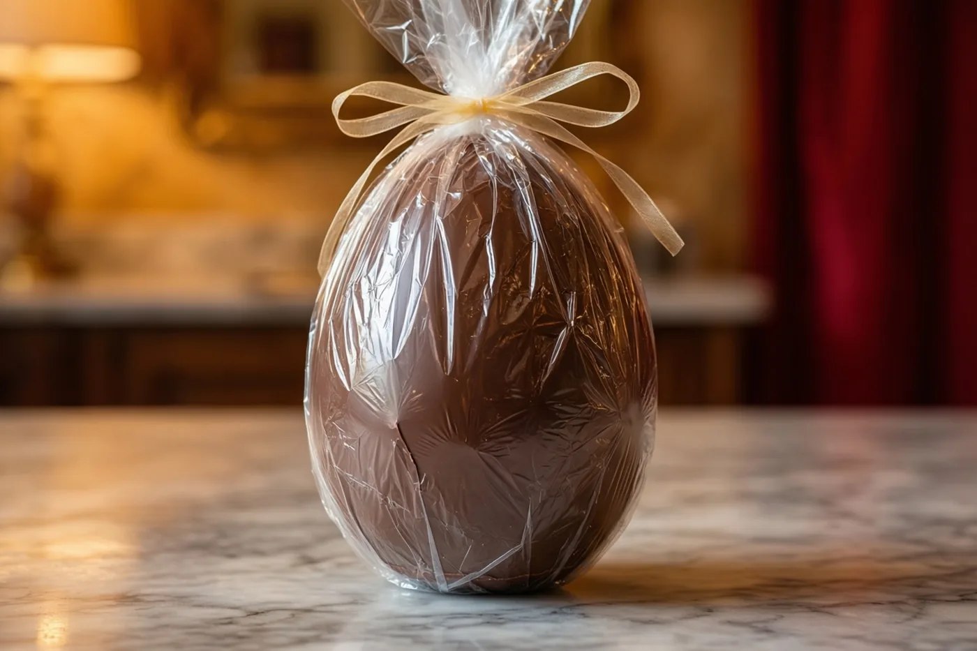 Een groot chocoladepaasei in doorzichtig cellofaan met een beige lint staat op een marmeren werkblad, met wazige rode gordijnen en goudtinten op de achtergrond.