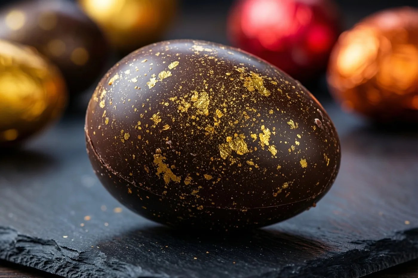 Een paasei van pure chocolade met gouden spikkels rust op een zwarte leisteen, met onscherpe rode en gouden versieringen op de achtergrond.
