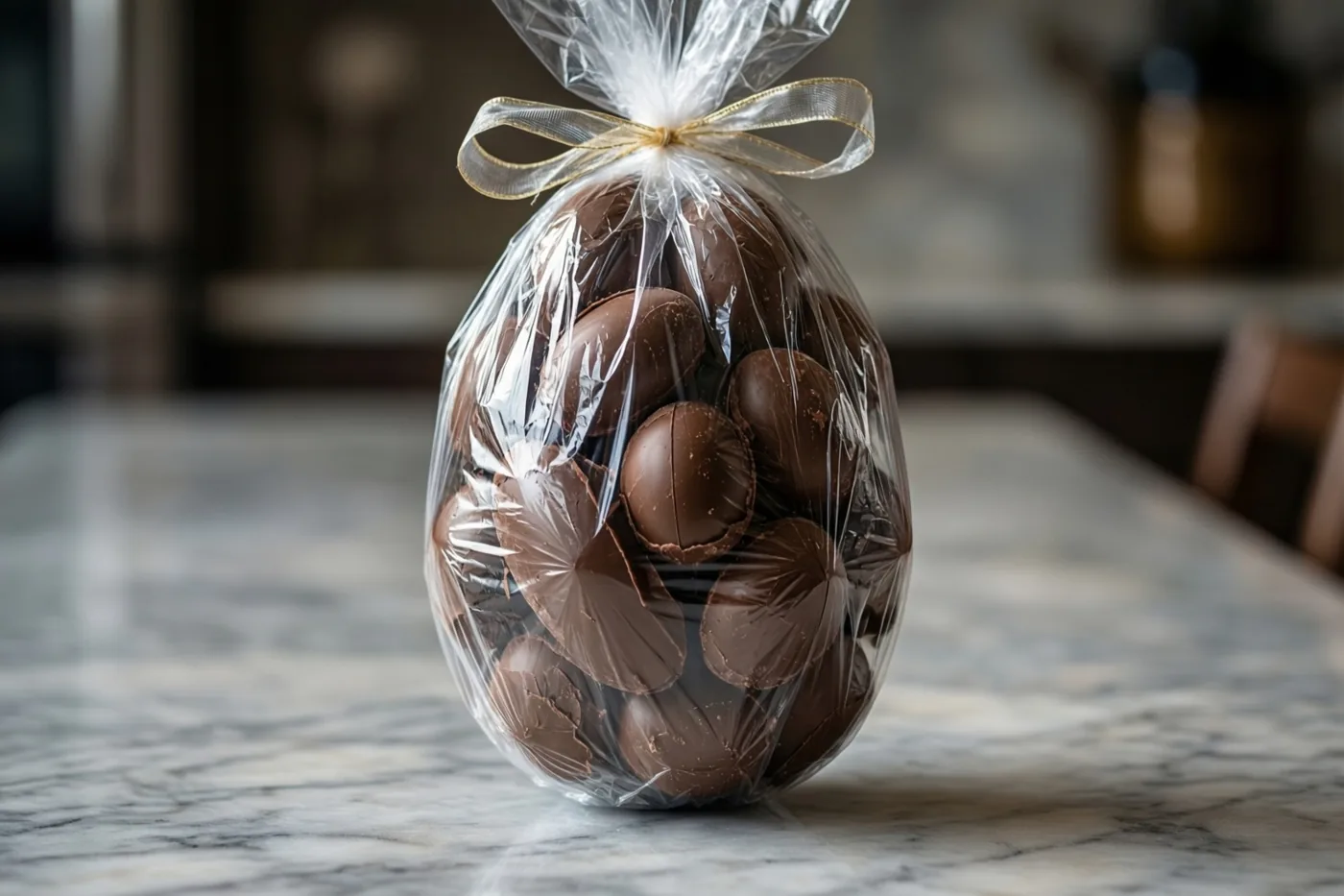 Een groot chocoladepaasei in doorzichtig cellofaan met een goudkleurig lint staat op een marmeren werkblad tegen een wazige achtergrond in zacht licht.