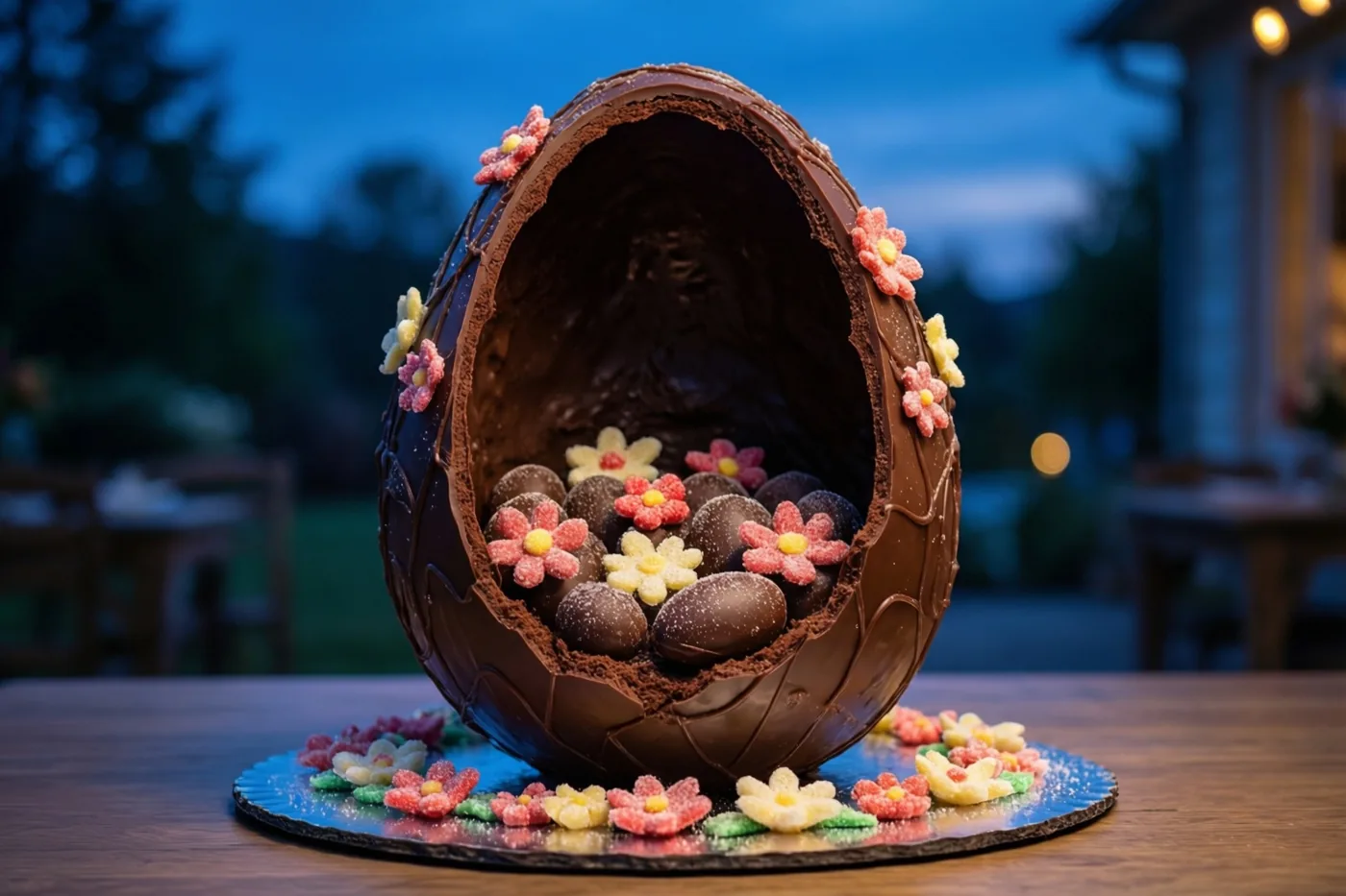 Een reusachtig hol chocolade-ei met suikerbloemen staat op een taartonderlegger op een houten tafel buiten in de schemering, tegen een wazige achtergrond.
