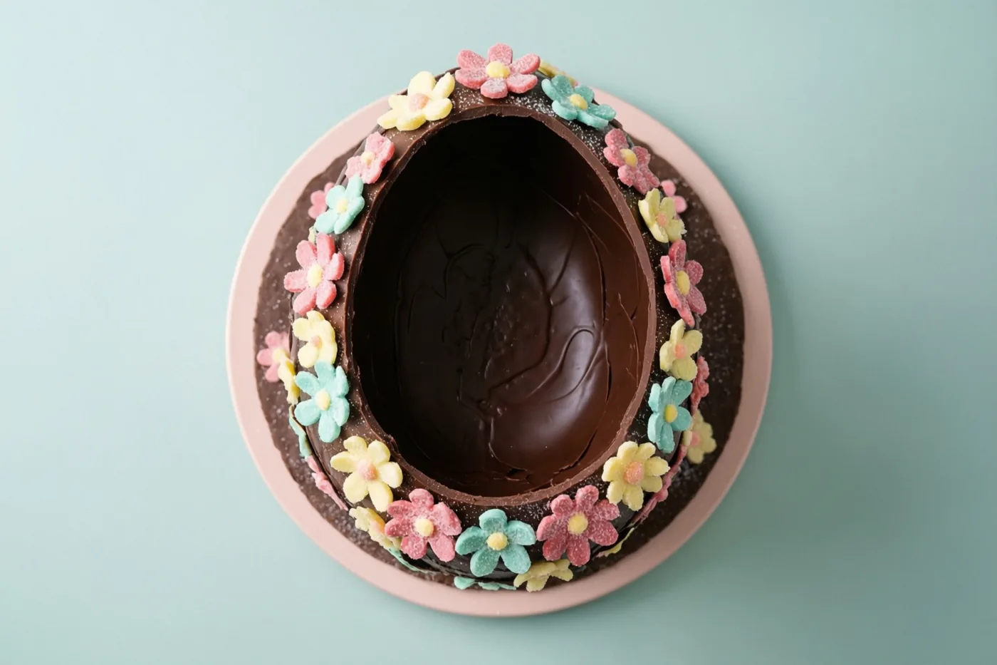 Een reusachtig hol chocolade-ei met kleurrijke suikerbloemen staat op een roze taartonderlegger tegen een lichtblauwe achtergrond.