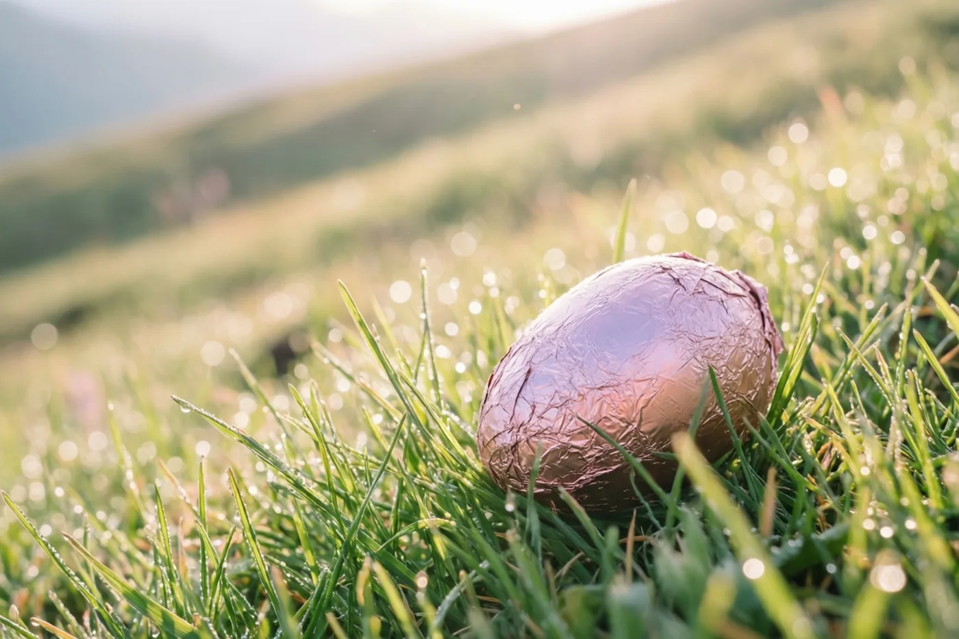 Een in folie verpakt chocolade-ei ligt in felgroen gras met dauwdruppels op een zonnige helling.