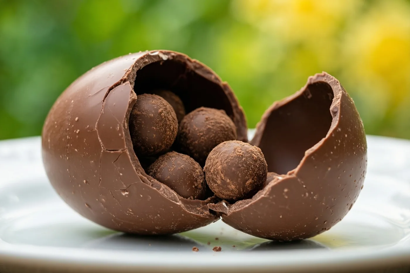 Een opengebroken chocolade-ei met kleine pralines erin ligt op een wit bord tegen een wazige groene en gele buitenachtergrond.