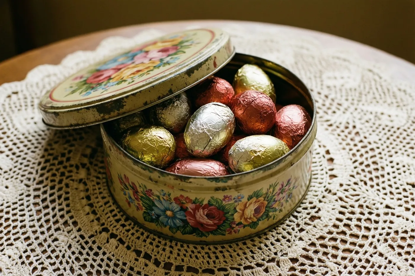 Een open oud blik met gouden, rode en blauwe bloemmotieven en chocoladepaaseitjes in glanzende folie staat op een wit gehaakt tafelkleed.