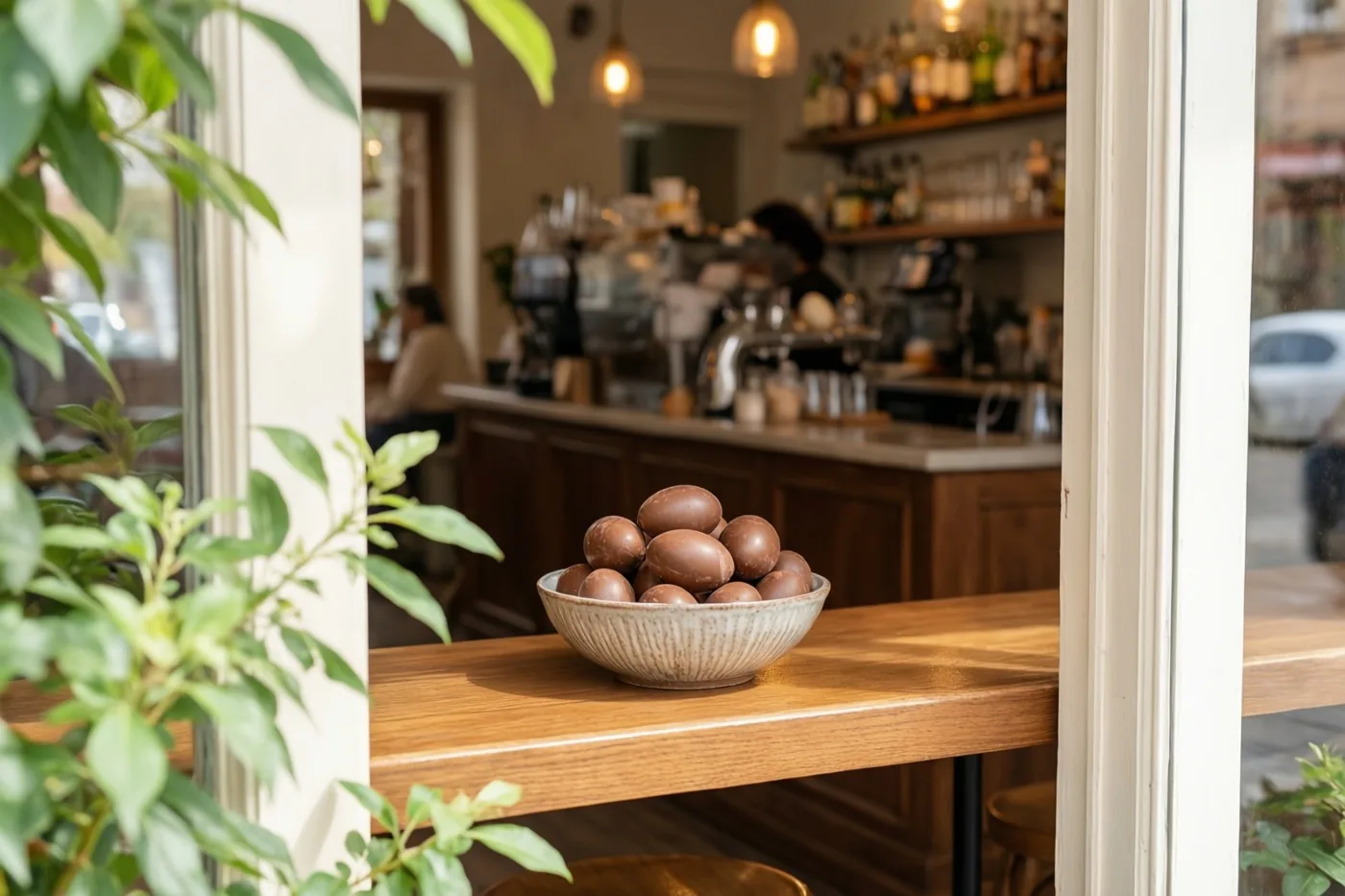 Een kom chocoladepaaseieren staat op een houten toog in een bruin café, met groen op de voorgrond en een onscherpe koffiehoek achteraan in zacht natuurlijk licht.