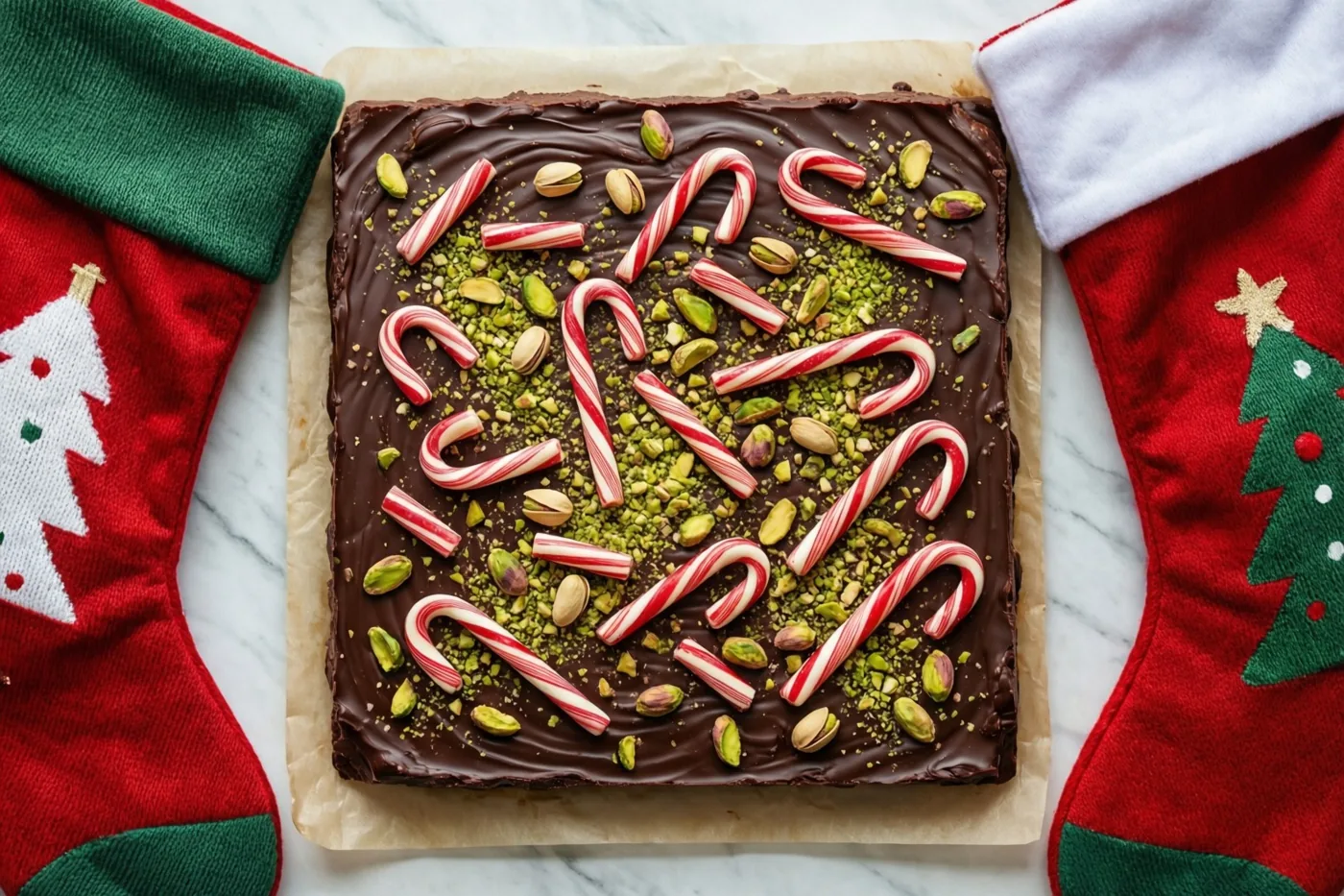Een vierkante plak zelfgemaakte chocolade met stukjes zuurstok en pistachenoten ligt op bakpapier tussen twee rode kerstsokken met boompatronen op wit marmer.
