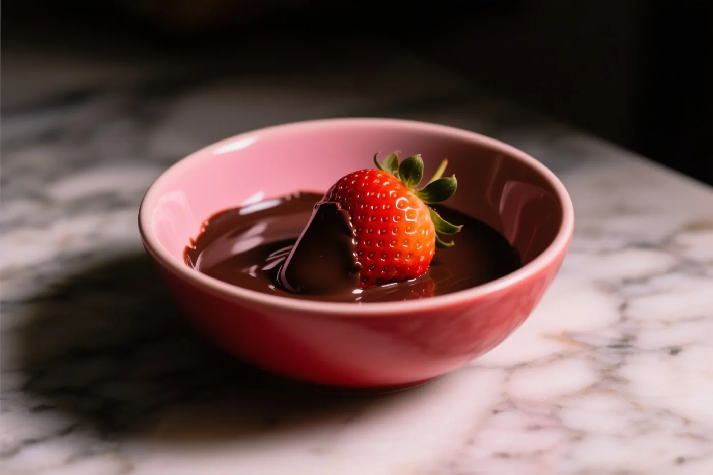 Een aardbei gedoopt in pure chocolade ligt in een roze keramieken kom op een witgrijs marmeren werkblad.