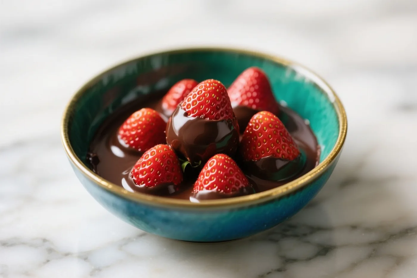 Aardbeien gedoopt in pure chocolade liggen in een kom met een blauwgroene binnenkant en een gouden rand op een wit marmeren werkblad.