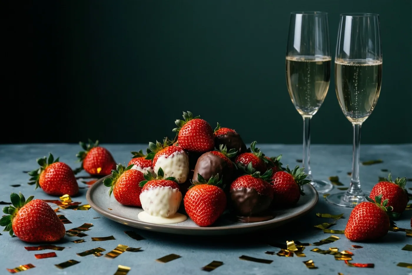 Een bord aardbeien in witte en pure chocolade staat op een blauw oppervlak naast twee champagneglazen en gouden confetti, met een donkergroene achtergrond.
