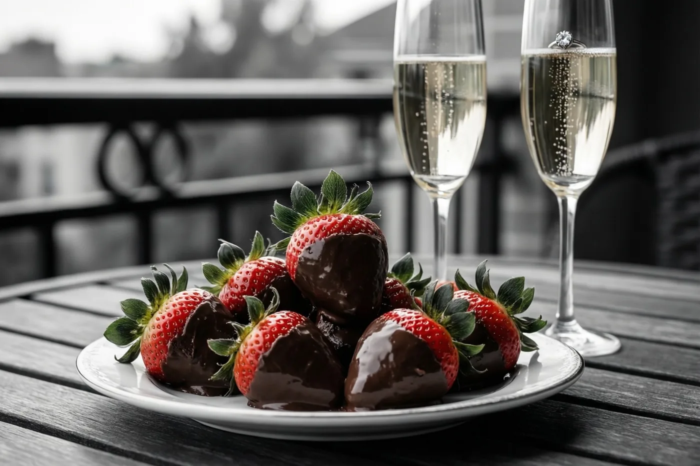 Een bord aardbeien met chocolade staat op een houten balkontafel naast twee glazen schuimwijn, waarvan één een verlovingsring bevat, met een onscherpe balustrade erachter.