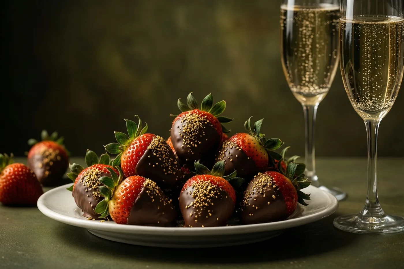 Een wit bord met aardbeien in chocolade en gouden strooisel staat naast twee fluitglazen met een bruisende drank op een donkergroene ondergrond tegen een gedempte groene achtergrond.