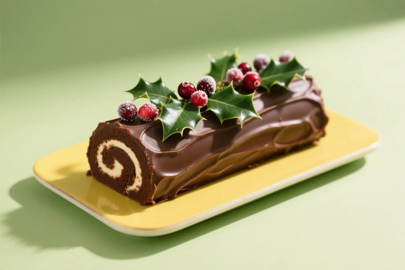 Een chocoladebuche met een spiraalpatroon, hulstblaadjes en gesuikerde veenbessen ligt op een geel bord tegen een lichtgroene achtergrond.