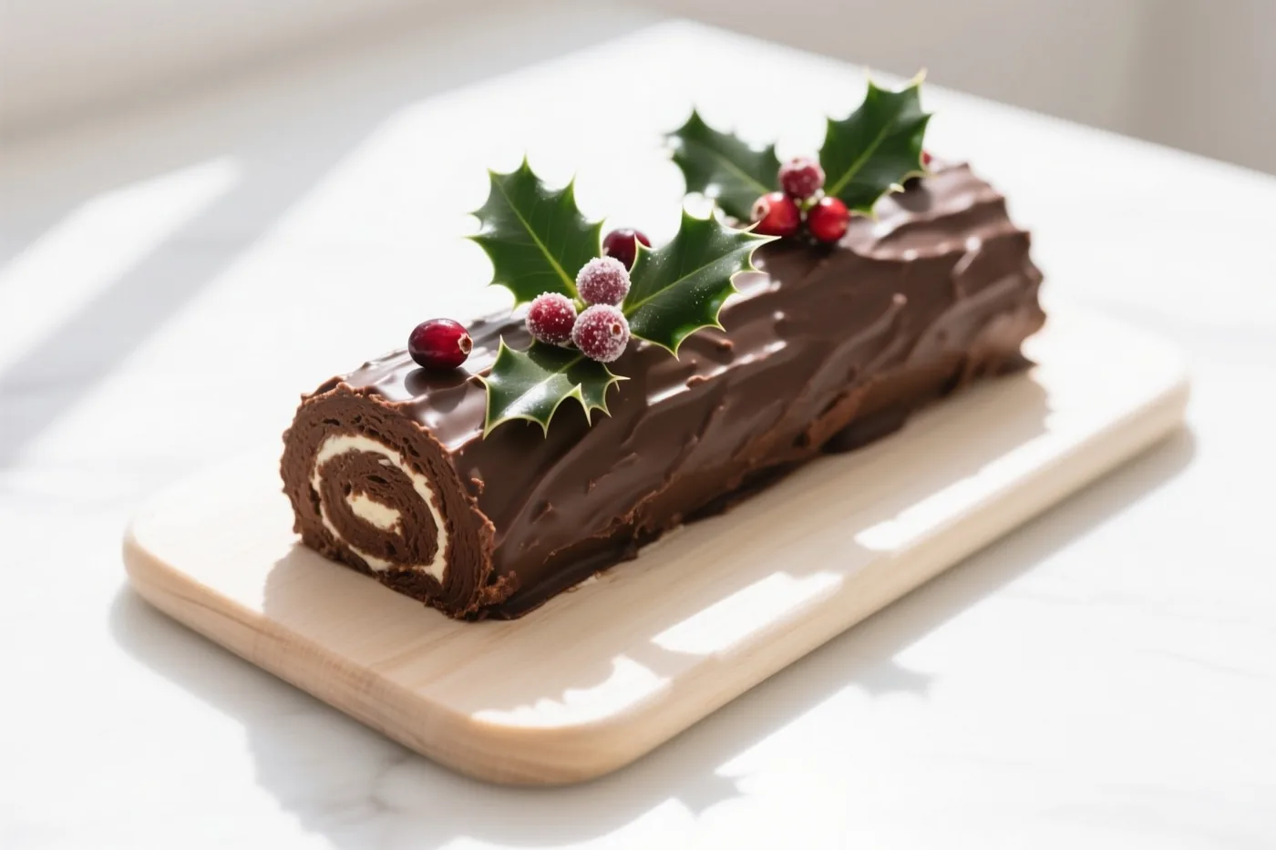 Een chocoladebuche met een spiraalvormige binnenkant, chocoladeglazuur, hulstblaadjes en gesuikerde veenbessen ligt op een lichte houten plank op wit marmer in zacht daglicht.