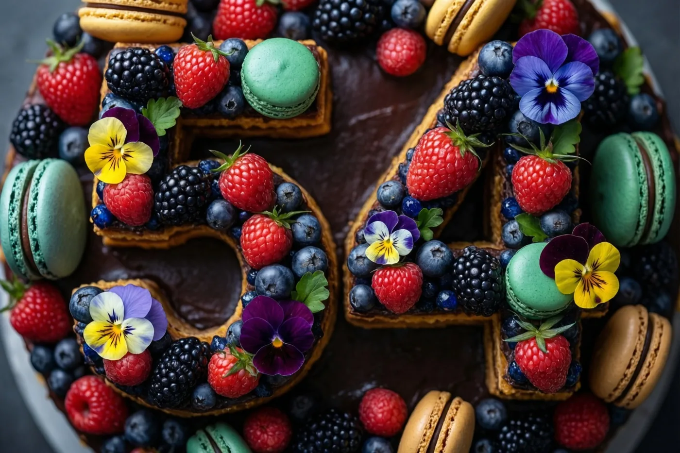 Een chocoladetaart in de vorm van 54 is versierd met verse bessen, kleurrijke macarons en eetbare bloemen.
