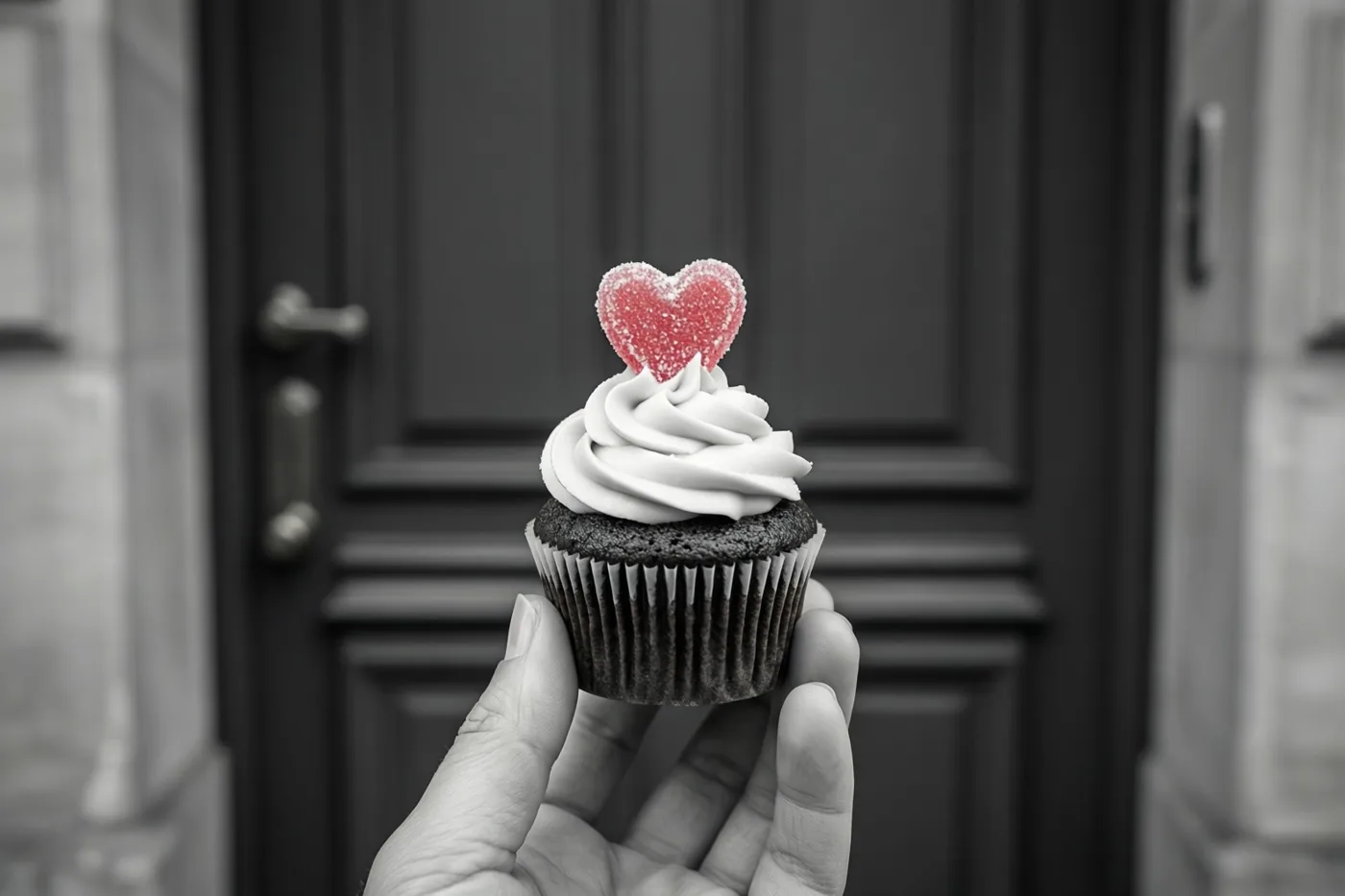 Een hand houdt een chocoladecupcake met witte topping en een rood suikerhart voor een donkere gesloten deur op een grijze ochtend.