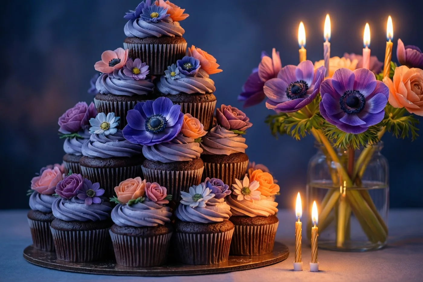 Een toren van chocoladecupcakes met paars glazuur en eetbare bloemen staat in lagen op een dienblad, met brandende verjaardagskaarsjes en een vaas paarse en oranje anemonen erbij tegen een donkerblauwe achtergrond.