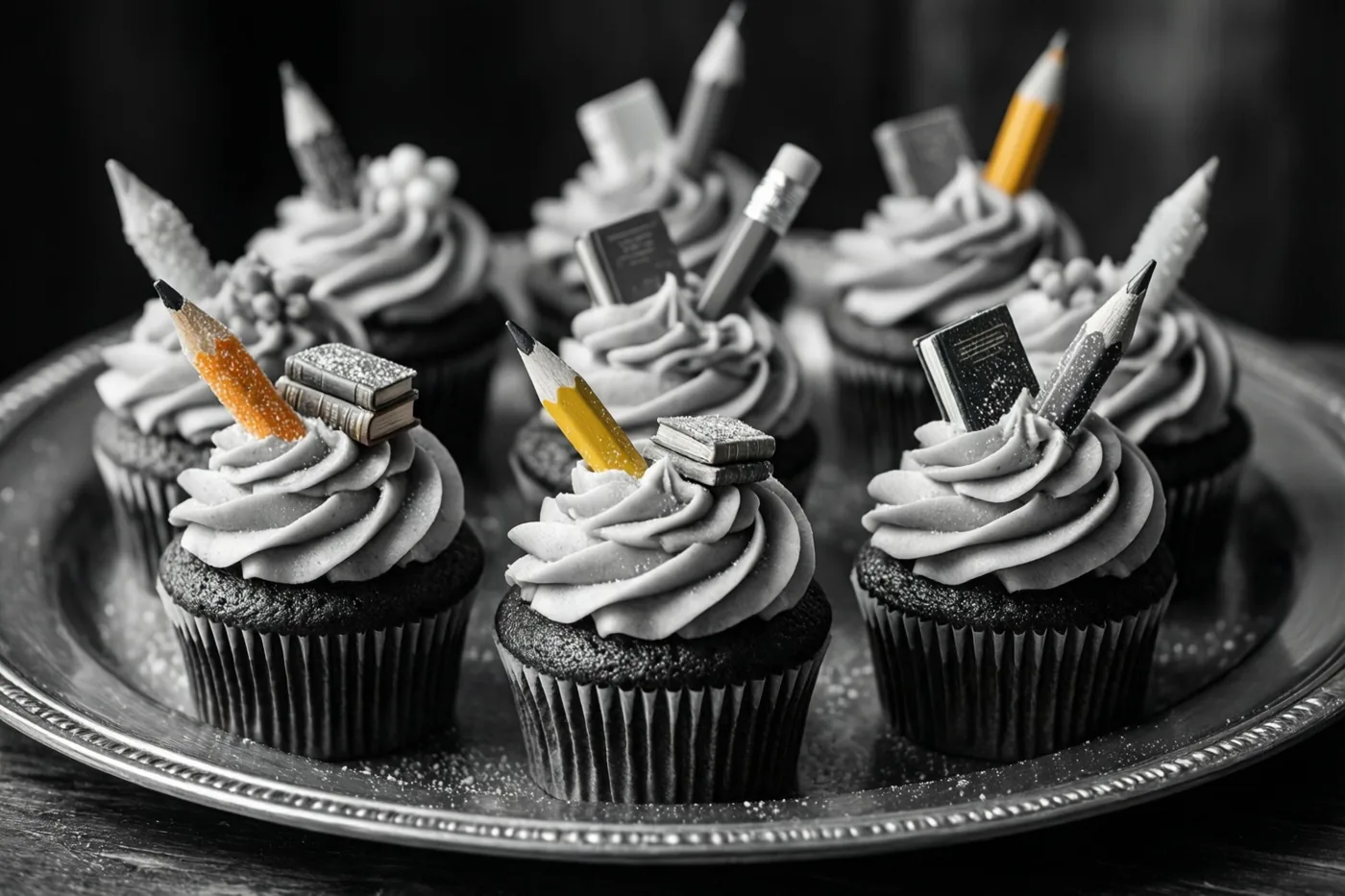 Chocoladecupcakes met grijs glazuur, suikerboekjes en kleine suikerpotloodjes staan op een dienblad, waarbij de potloodjes deels gekleurd zijn tegen een zwart-witte achtergrond.