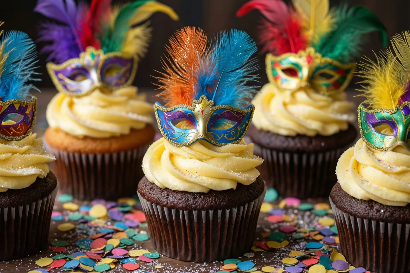 Chocoladecupcakes met gele topping, kleine suikermaskers en kleurrijke suikerveren staan op een tafel vol gekleurde confetti.