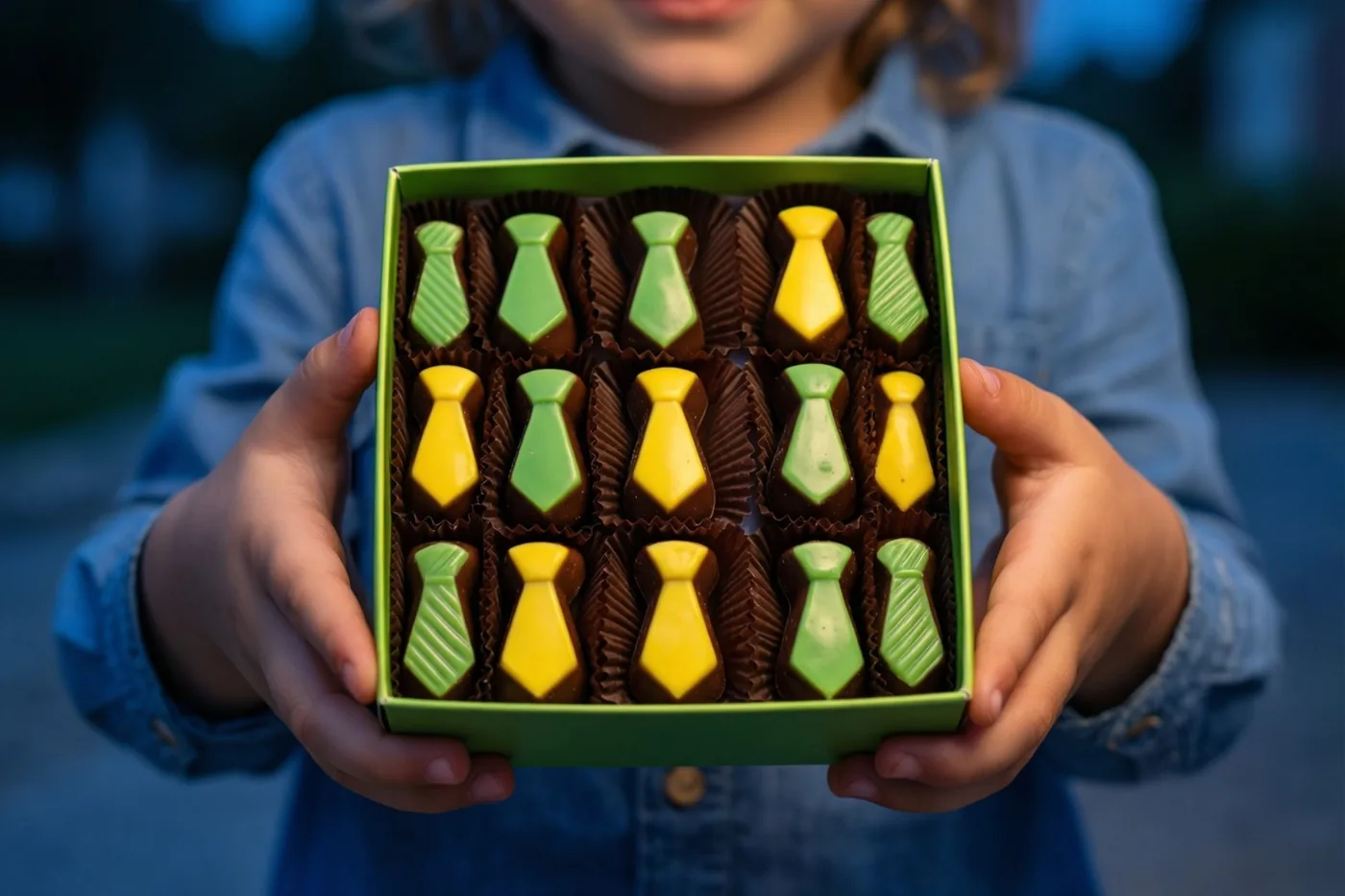 Een kind houdt buiten bij schemering een groene doos vast met pralines in de vorm van dasjes, netjes in rijen gerangschikt.