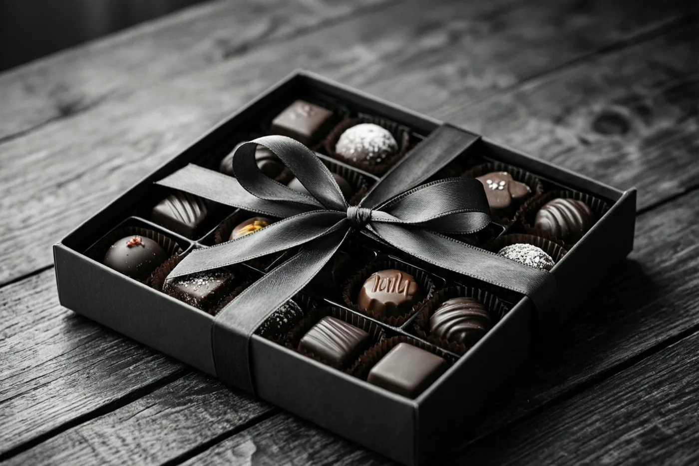 Een zwarte doos met verschillende chocolaatjes en een zwart lint staat op een donkere houten ondergrond in een monochroom beeld.