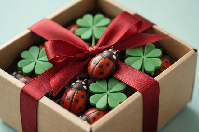 Een vierkante kartonnen doos bevat chocolade lieveheersbeestjes en klavertjesvier, samengebonden met een rood lint tegen een lichtblauwe achtergrond.