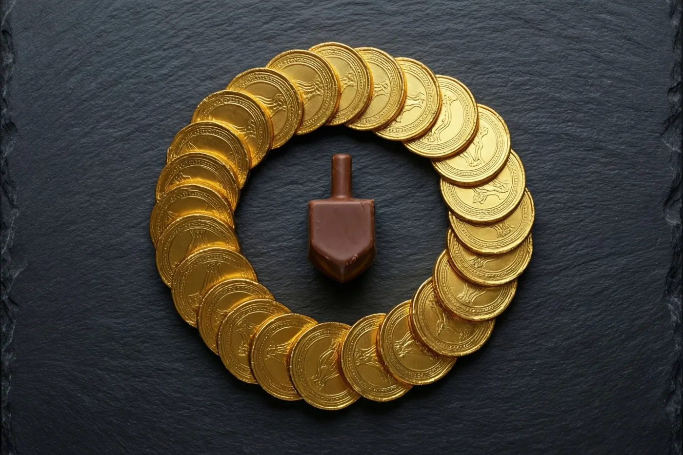 Een chocoladedreidel ligt midden in een kring van chocolademunten in goudfolie op donkere leisteen, tegen een donkere achtergrond.