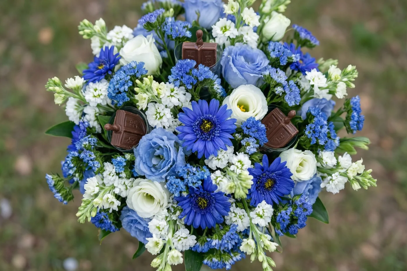 Chocoladedreidels liggen tussen de bloemen van een blauw-wit bloemstuk buiten, met een onscherpe natuurlijke achtergrond.