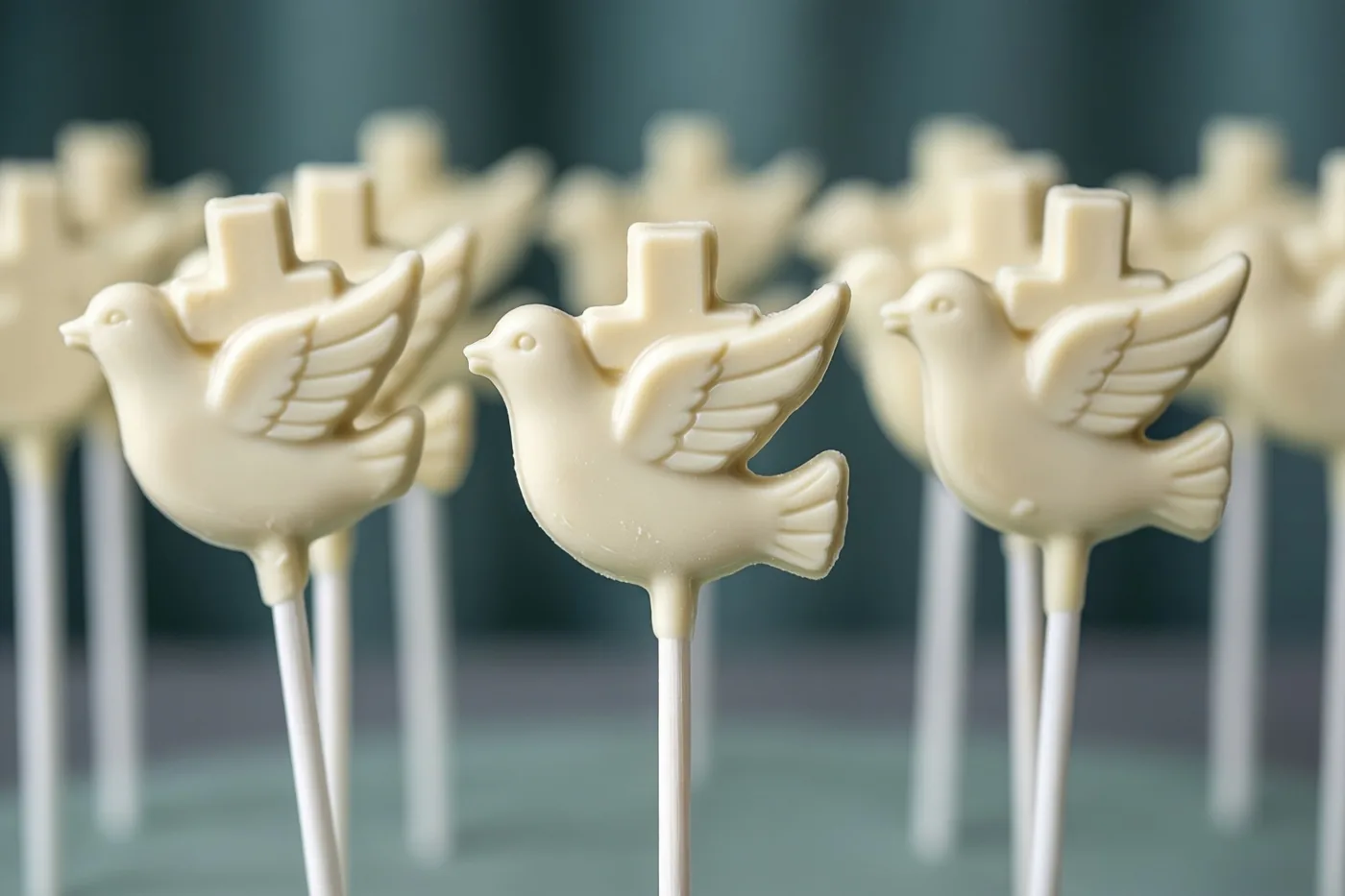 Witte chocoladelolly's in de vorm van duiven met kruisjes staan op een tafel tegen een zachte achtergrond in koele tinten.