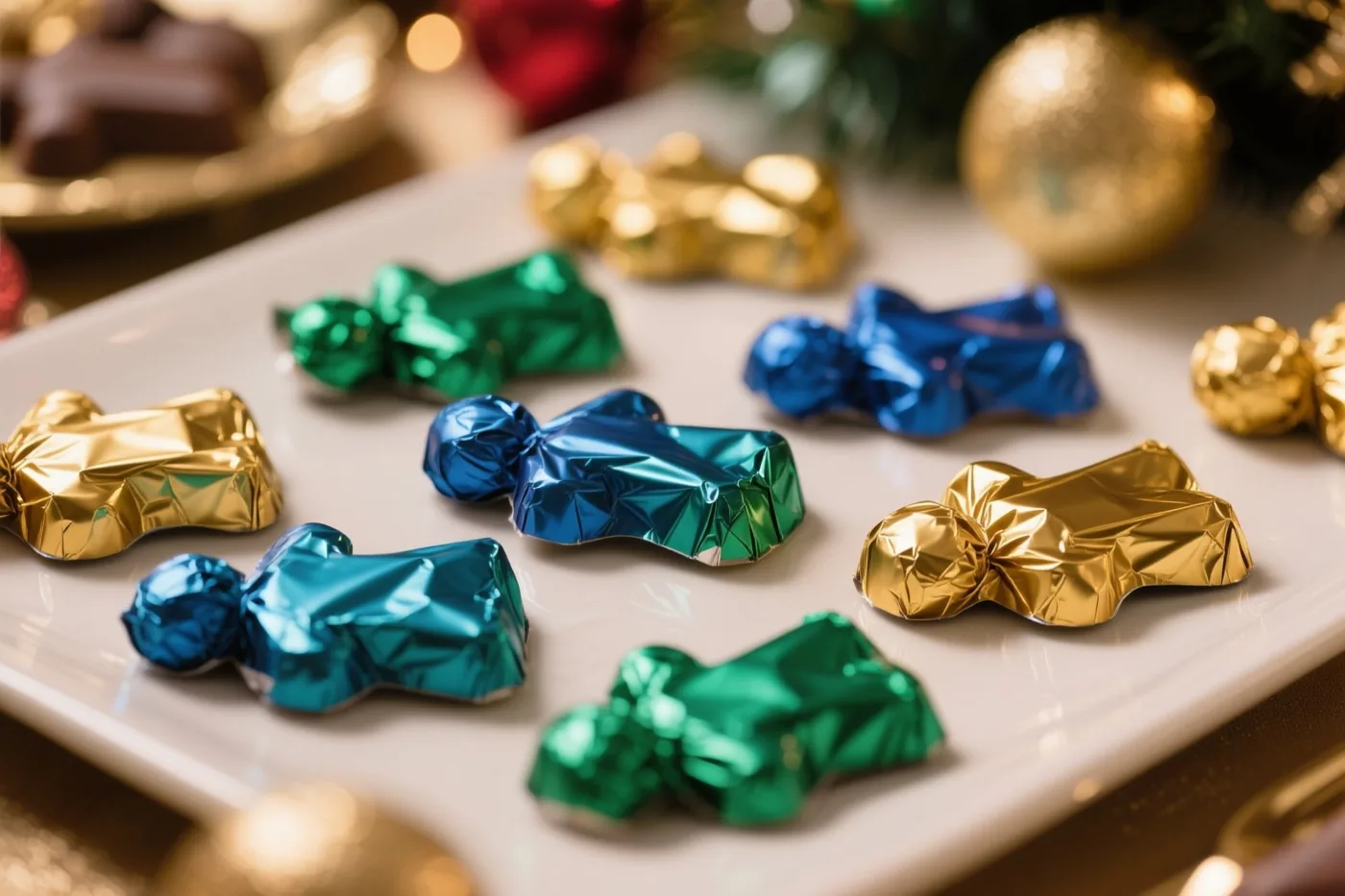 Chocoladefiguren in glanzende goudkleurige, blauwe en groene folie liggen op een wit bord, met wazige kerstversieringen op de achtergrond.