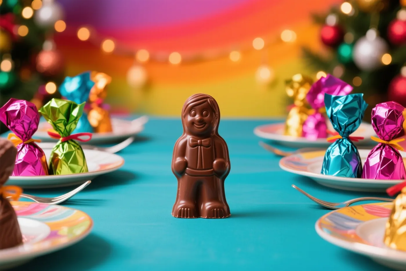 Een chocoladefiguur staat op een turquoise tafel tussen borden met chocolaatjes in gekleurde folie, met onscherpe kerstlichtjes en versieringen op de achtergrond.