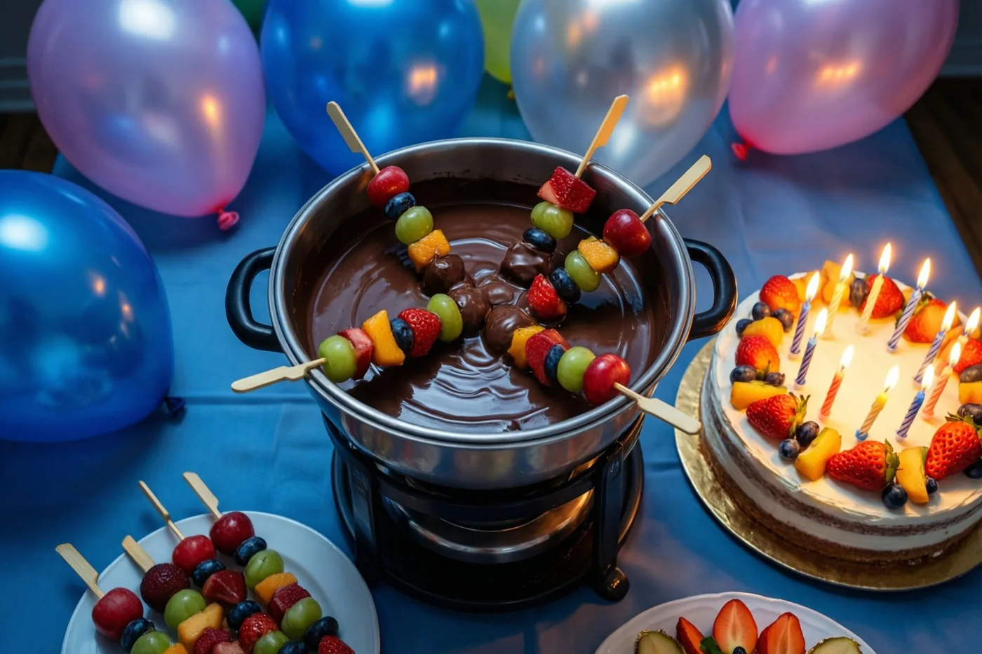 Een pot chocoladefondue met fruitspiesjes staat op een blauw tafelkleed naast een verjaardagstaart met brandende kaarsen, met kleurrijke ballonnen op de achtergrond.