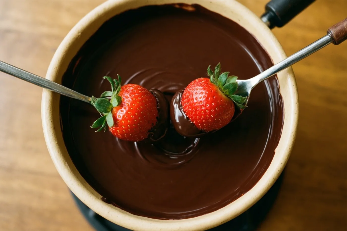 Twee aardbeien op vorken worden in een kom gesmolten chocolade gedoopt op een houten ondergrond in warm licht.