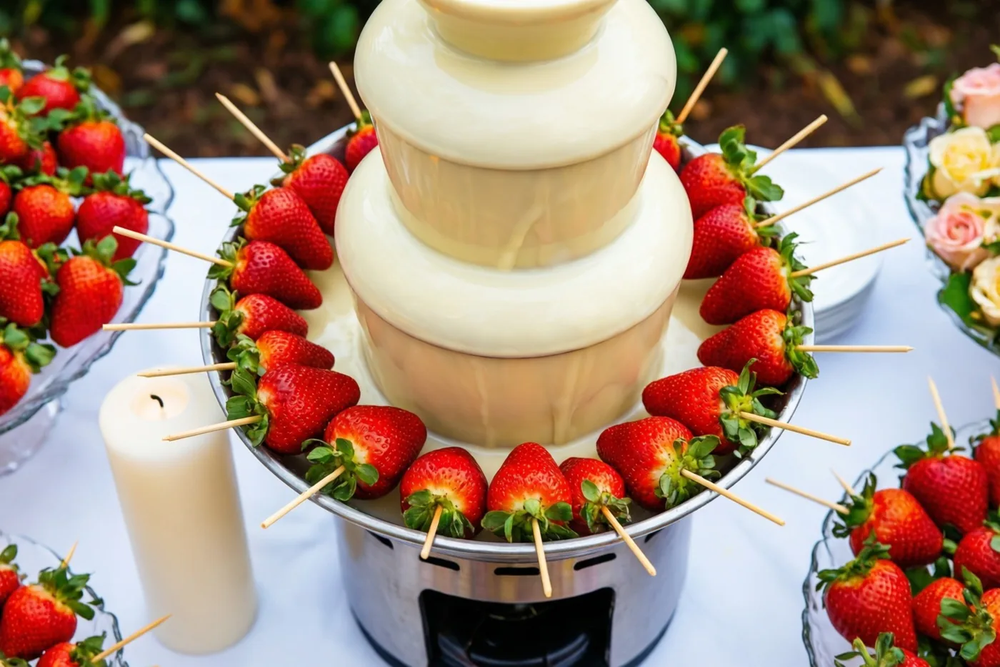 Een witte chocoladefontein met meerdere niveaus staat buiten op een wit tafelkleed, omringd door aardbeien op stokjes, met een witte kaars en bloemstukken erbij.
