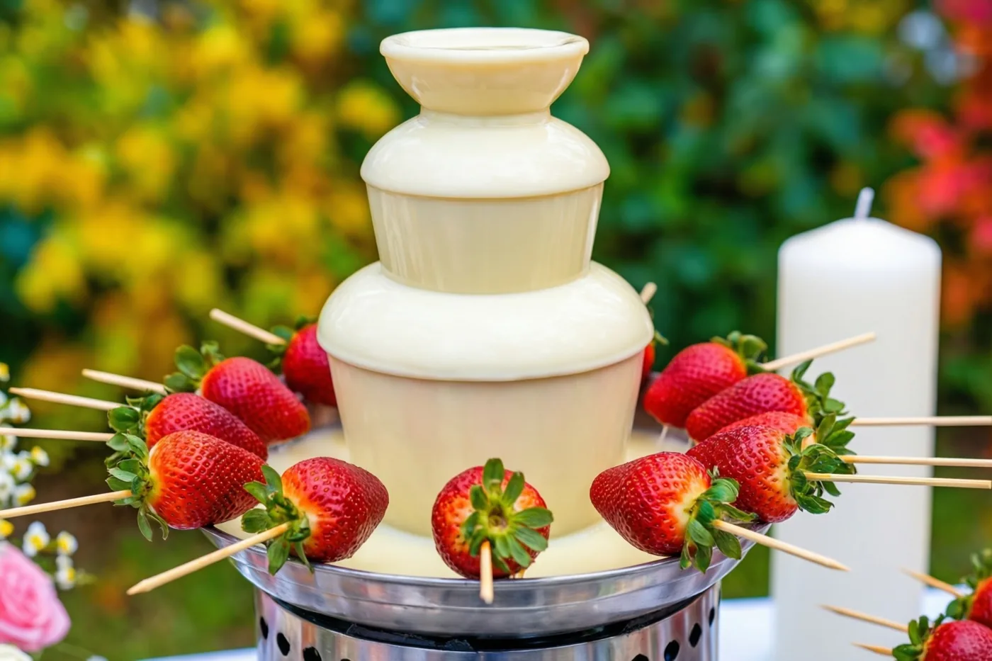 Een witte chocoladefontein met aardbeien op stokjes staat buiten naast een witte kaars, met onscherp groen en bloemen op de achtergrond.