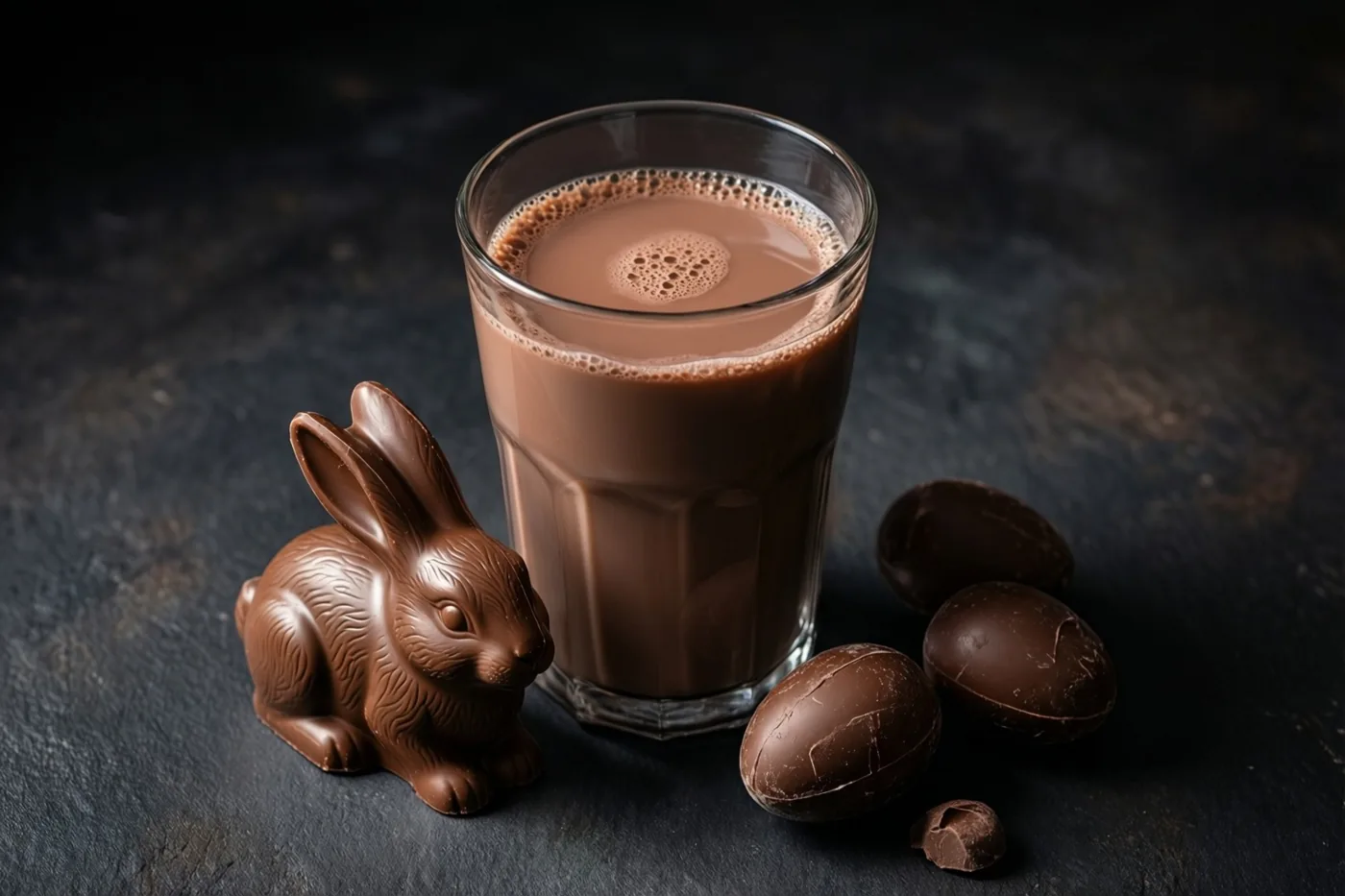 Een glas chocolademelk staat naast een chocoladehaas en enkele chocolade-eieren op een donker oppervlak met structuur.